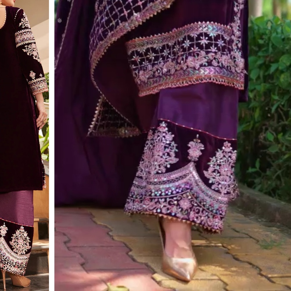 Indian / Pakistani Deep Purple Heavy Embroidered Velvet Palazzo Suit - Picture 6 of 9